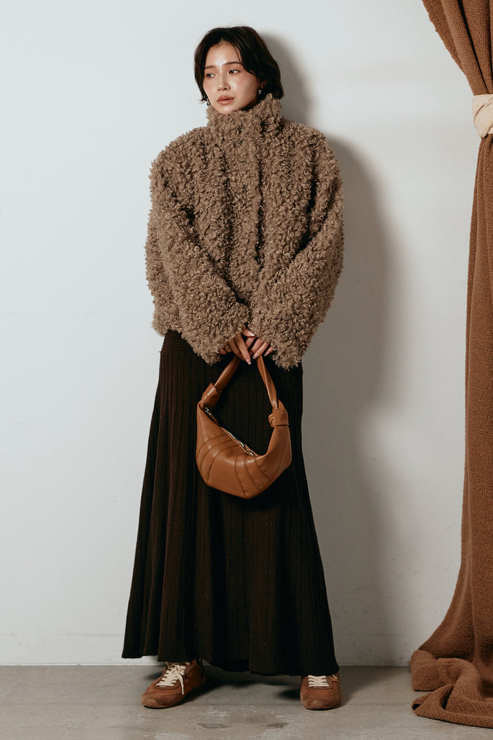 [SET]プードルファーミドルジャケット+編み地切り替えフレアニットスカート(2set)