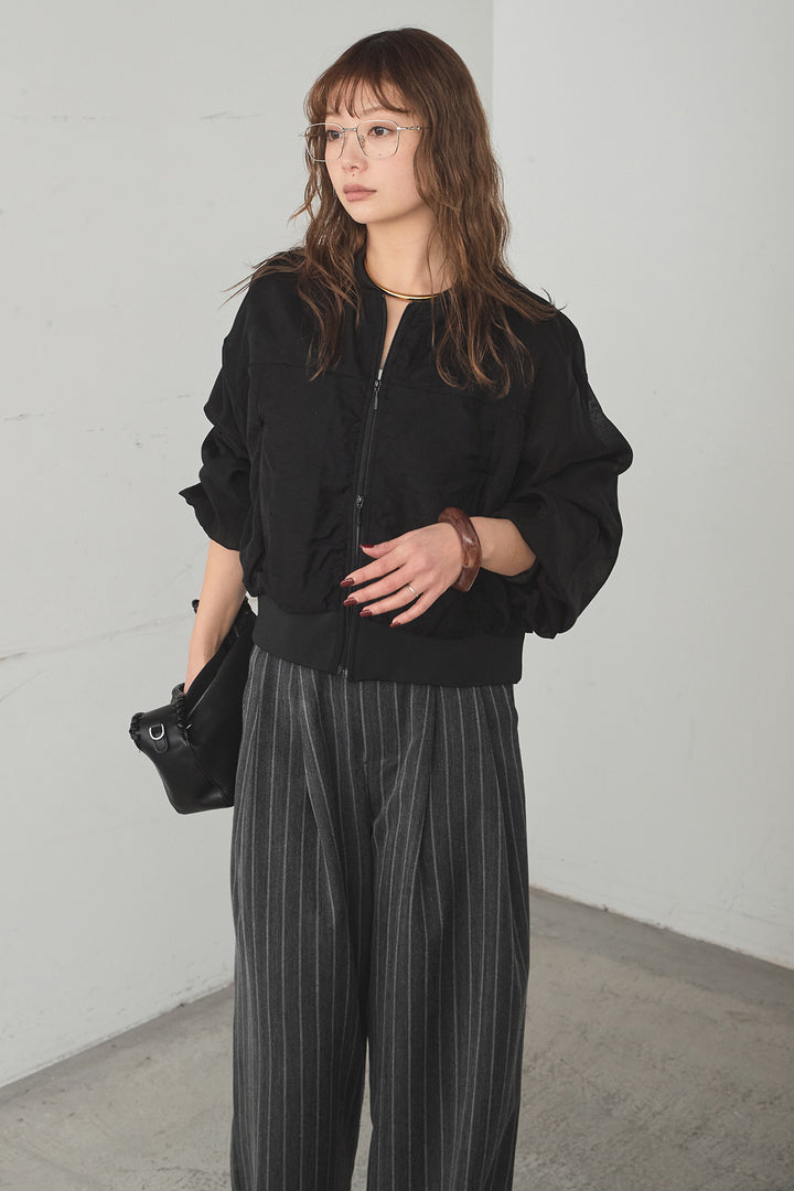 [SET]シアー×ポンチブルゾン+細ベルト付きピンストライプワイドパンツ(2set)