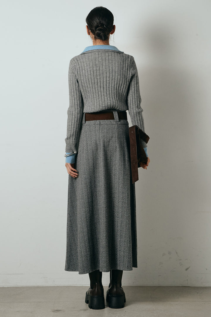 [SET]レイヤード風リブニットトップス+太ベルト付きヘリンボーンプリーツスカート(2set)