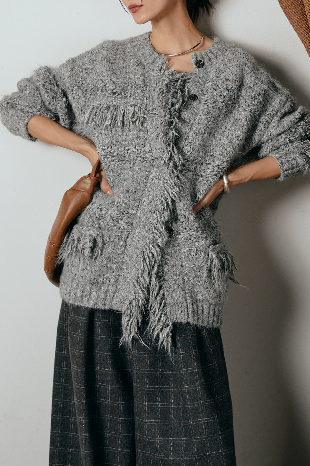 [SET]フリンジニットカーディガン+ウールライクチェックタックパンツ(2set)