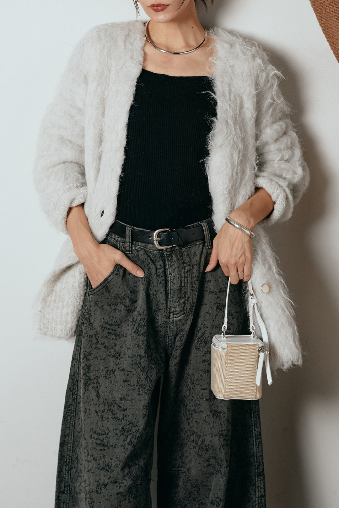 [SET]ウェーブシャギーニットジャケット+ベルト付きニュアンス柄カーブワイドパンツ(2set)