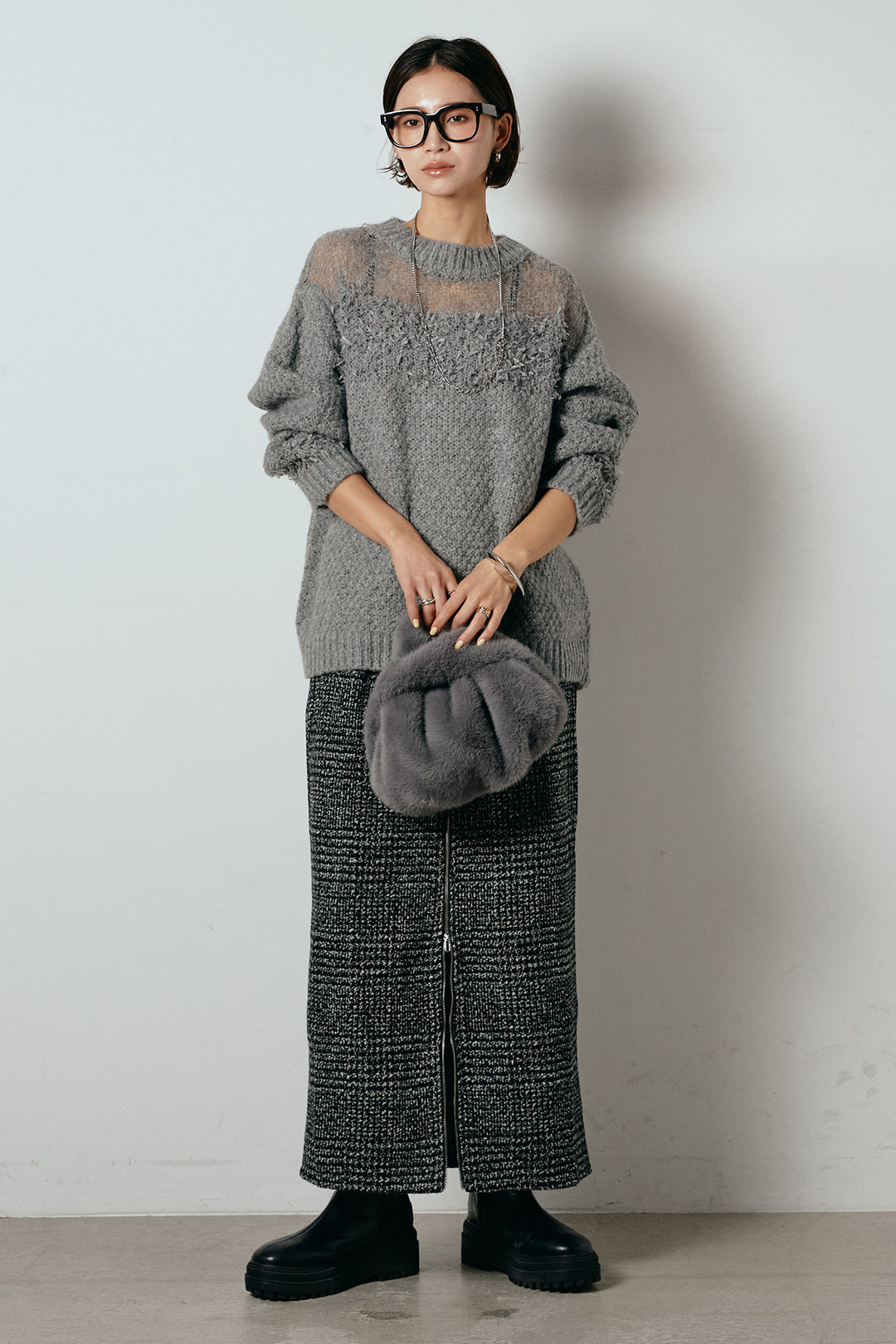 [SET]パターンランダム編みニットトップス+グレンチェック柄フロントジップタイトスカート(2set)