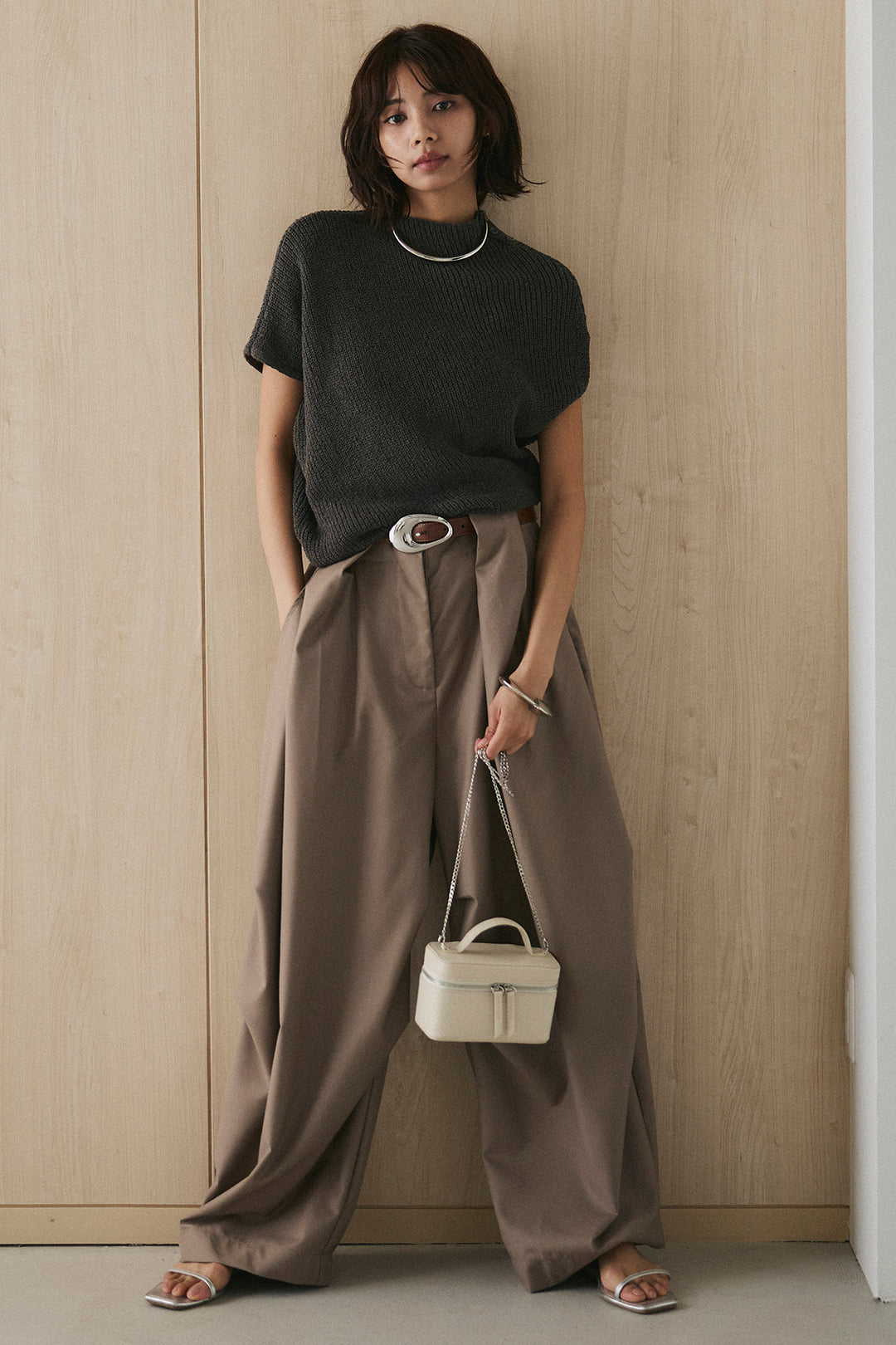 [SET]フレンチリブニットプルオーバー+ベルトループワイドパンツ(2set)