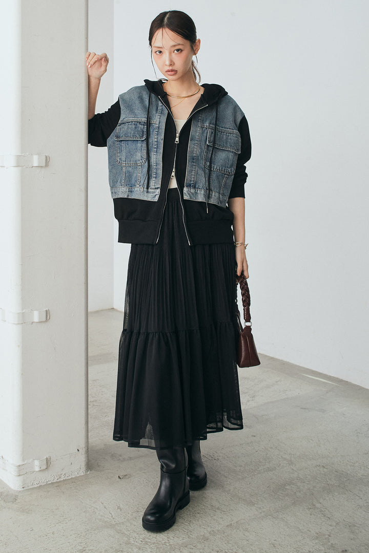 [SET]デニム切替ポンチダブルジップパーカー+ボリュームシルエットチュールスカート(2set)