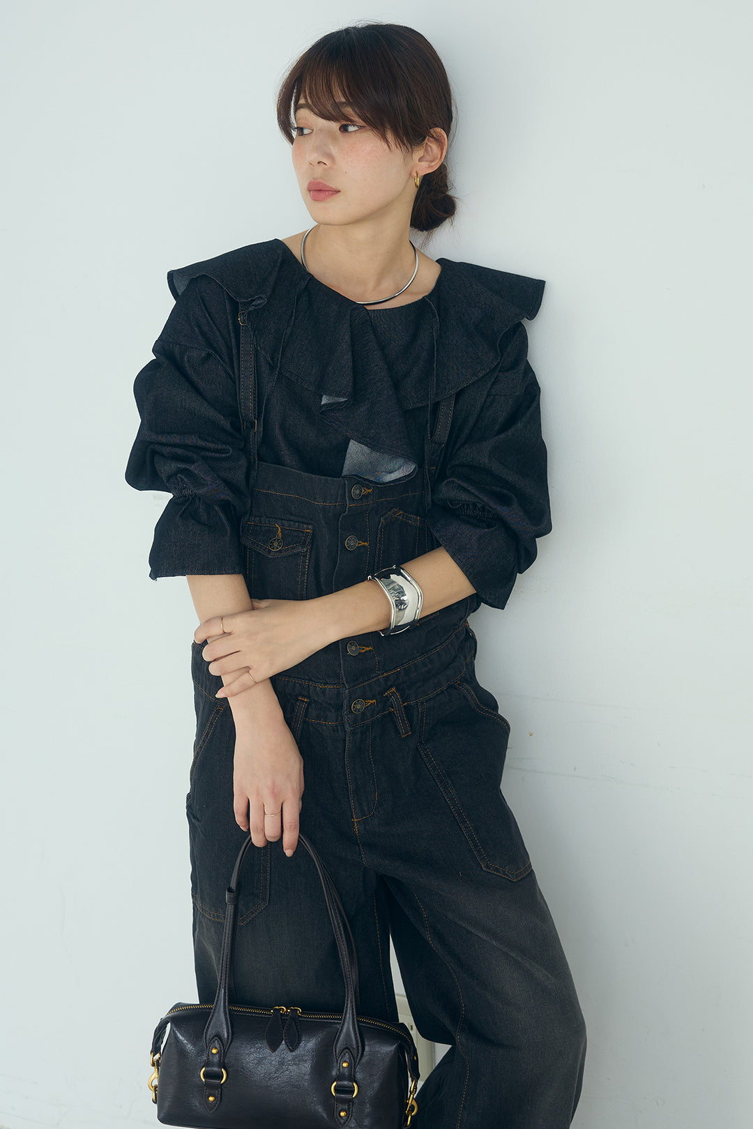 [SET]デニムフリルブラウス+デニムサロペットワイドパンツ(2set)