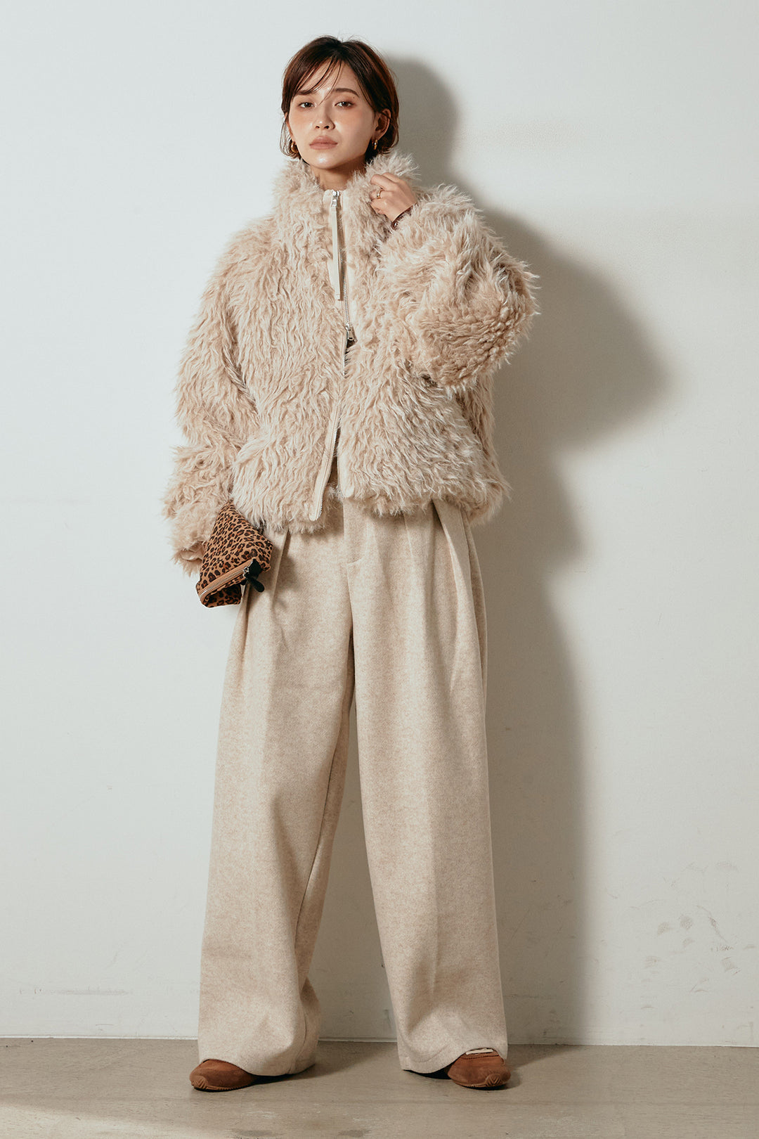 [SET]ミックスシープファースタンドブルゾン+フェイクウールタックトラウザーズパンツ(2set)