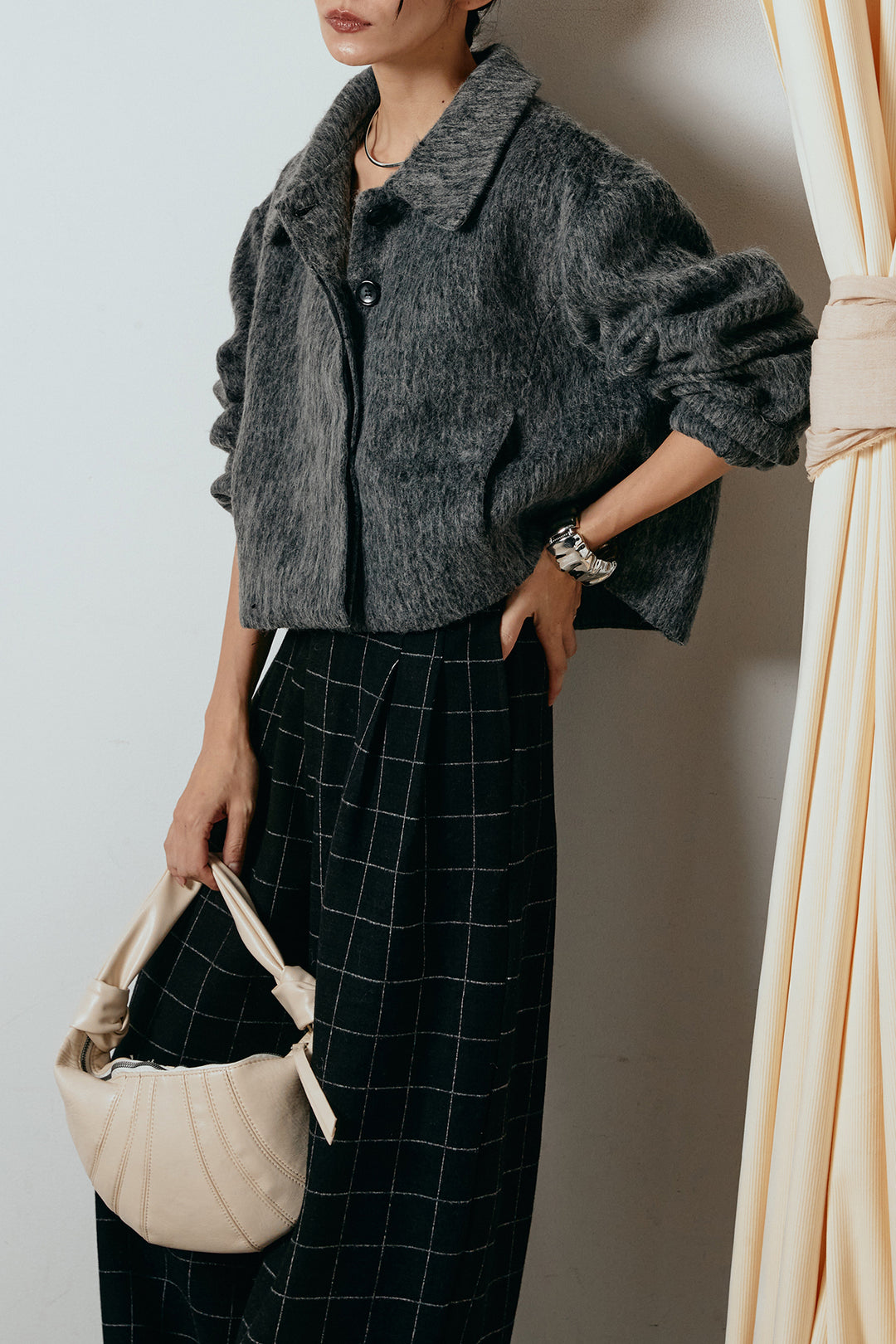 [SET]シャギーショートジャケット+スクエアチェック柄ワイドパンツ(2set)