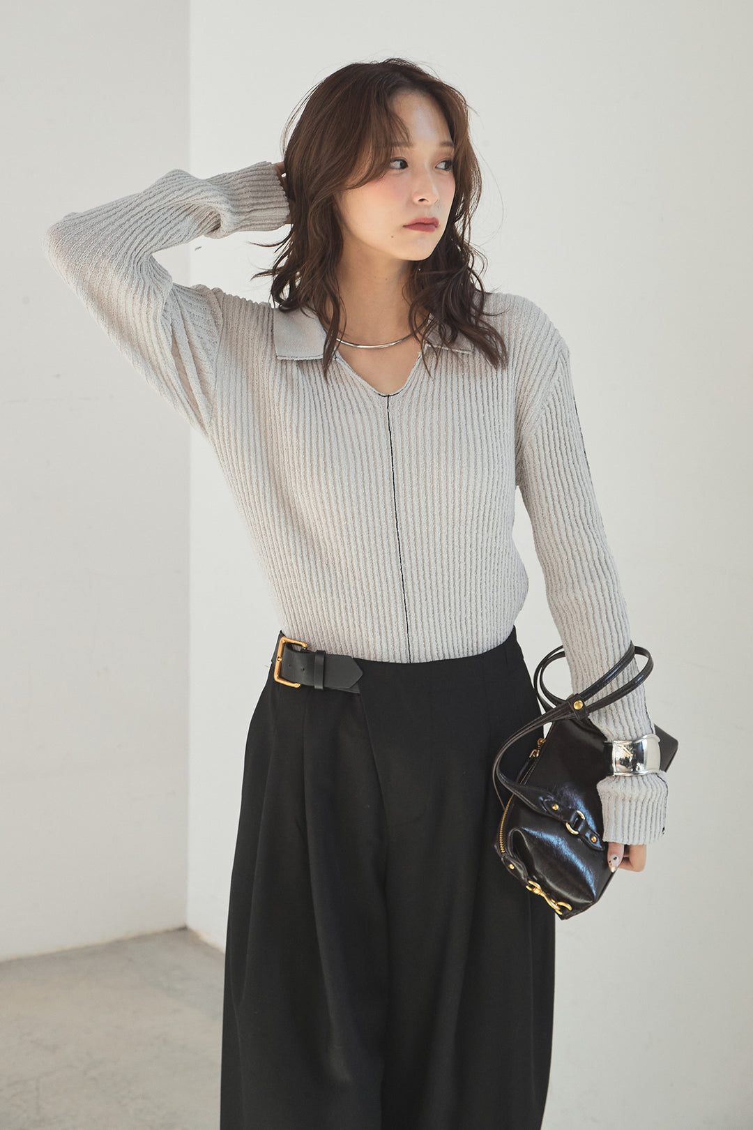 [SET]衿付きニットプルオーバー+サイドベルトタック入りスラックス(2set)