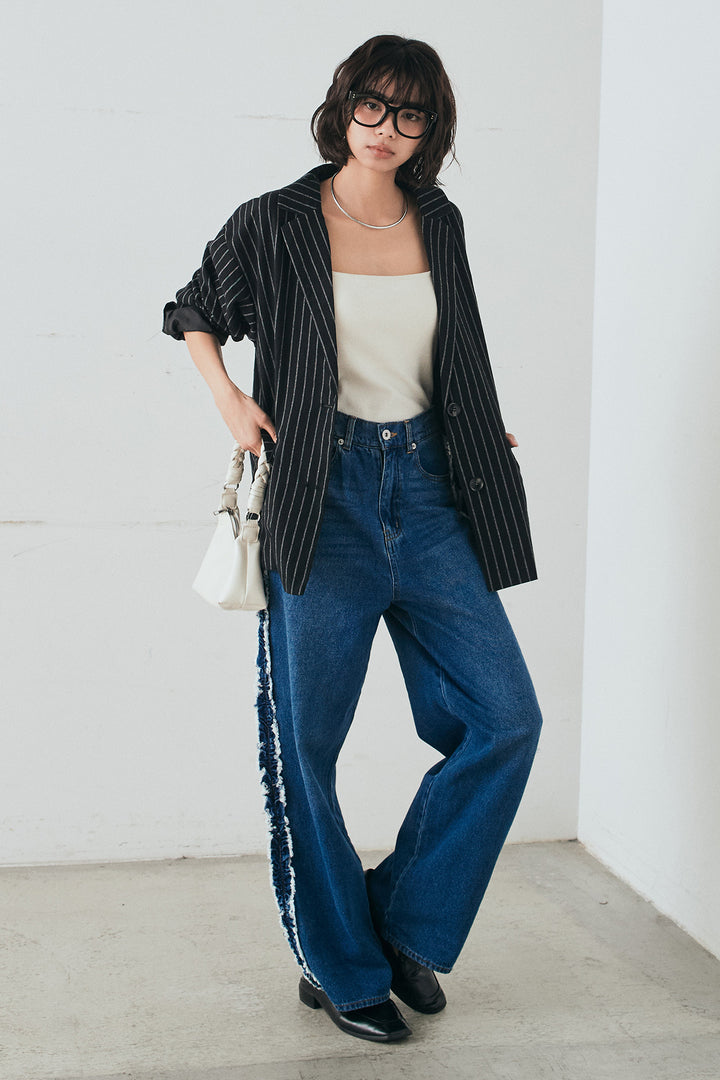[SET]リネンライクストライプテーラードジャケット+デニムサイドフリルパンツ(2set)