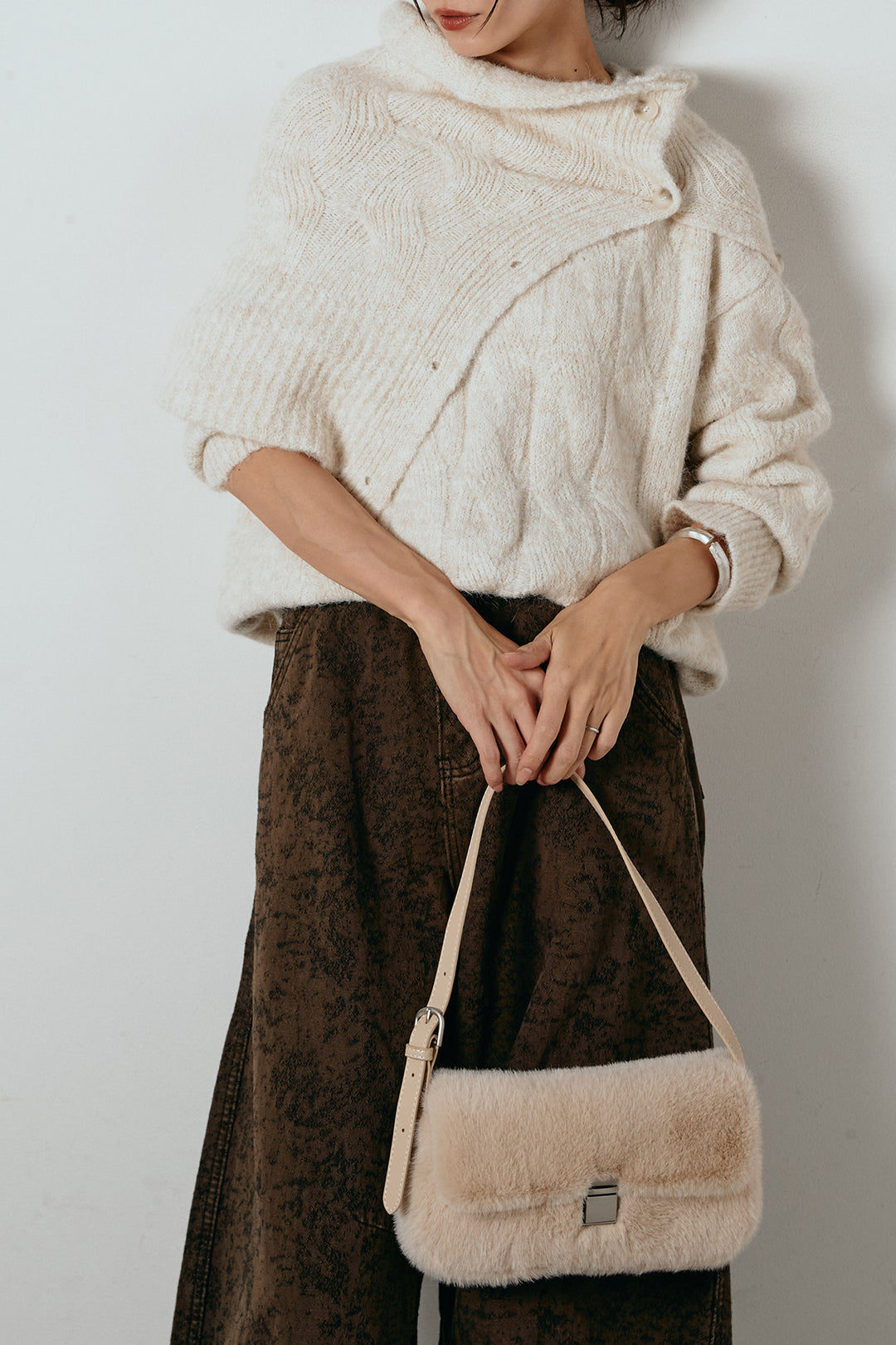 [SET]ケープデザインケーブルニットトップス+ベルト付きニュアンス柄カーブワイドパンツ(2set)