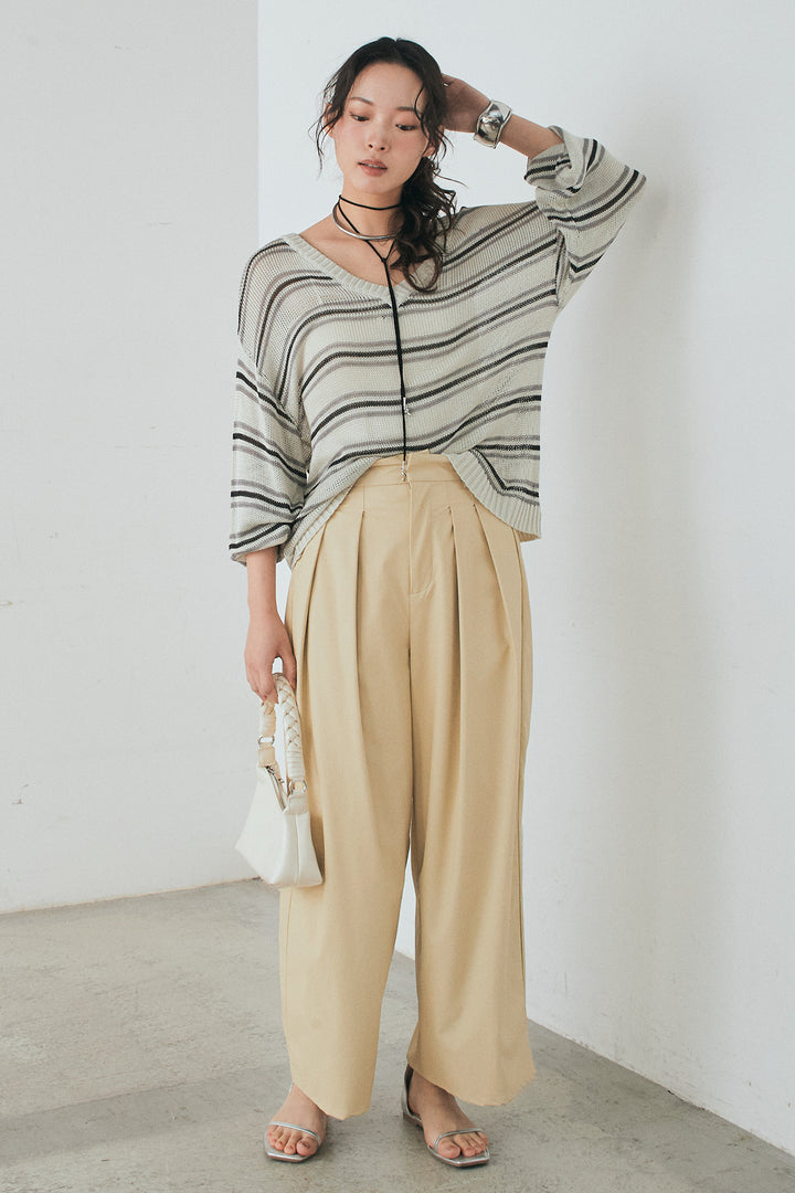 [SET]綿タッチVネックボーダートップス+ウォッシャブルエコレザータックパンツ(2set)
