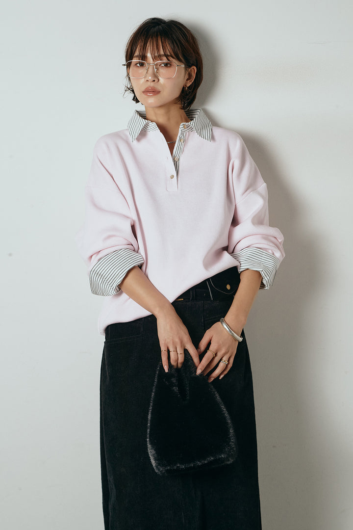 [SET]ストライプシャツドッキングポロトップス+ポーチベルト付きコーデュロイワイドスカート(2set)