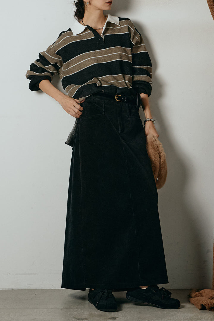 [SET]ラガーニットボーダーポロプルオーバー+ポーチベルト付きコーデュロイワイドスカート(2set)