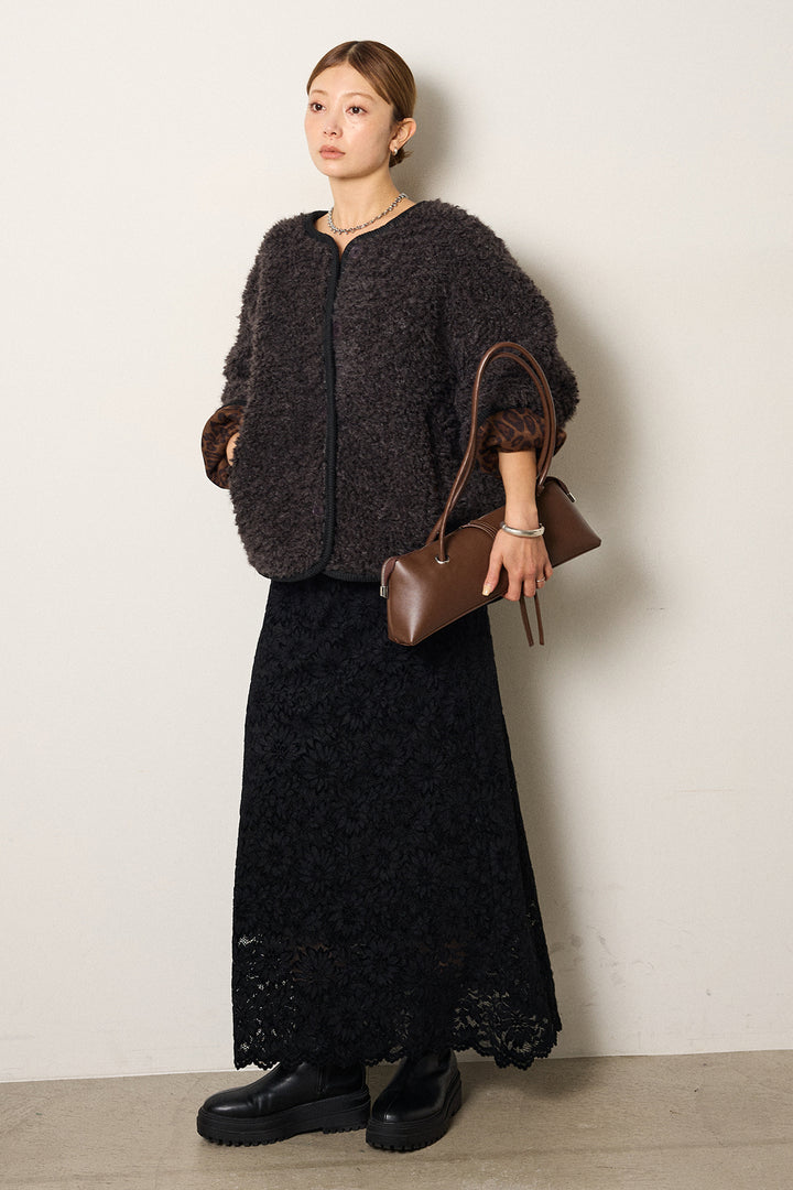 [SET]ノーカラー裏地レオパードボアアウター+花柄刺繍ベロアフレアスカート(2set)