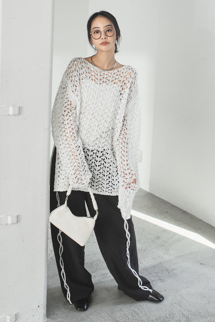 [SET]リラックスメッシュニットトップス+刺繡テープラインパンツ(2set)