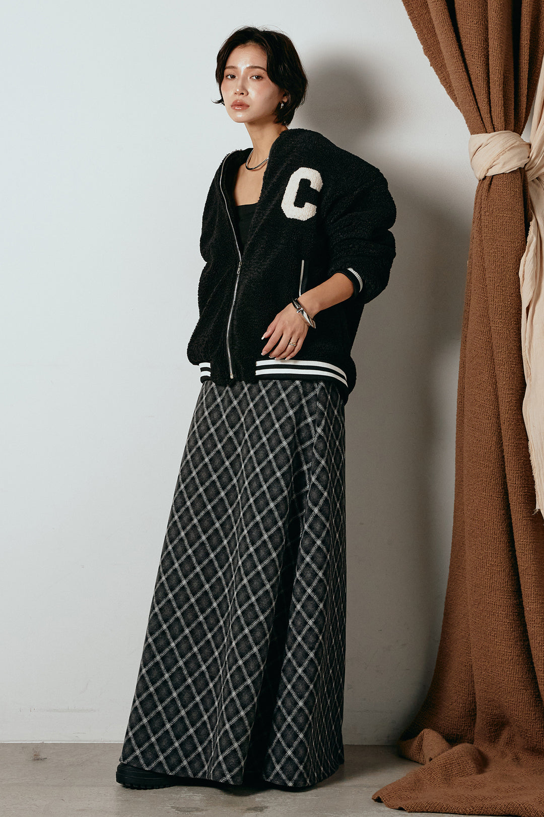 [SET]ロゴスタジャンボアブルゾン+フロッキー起毛チェックスカート(2set)