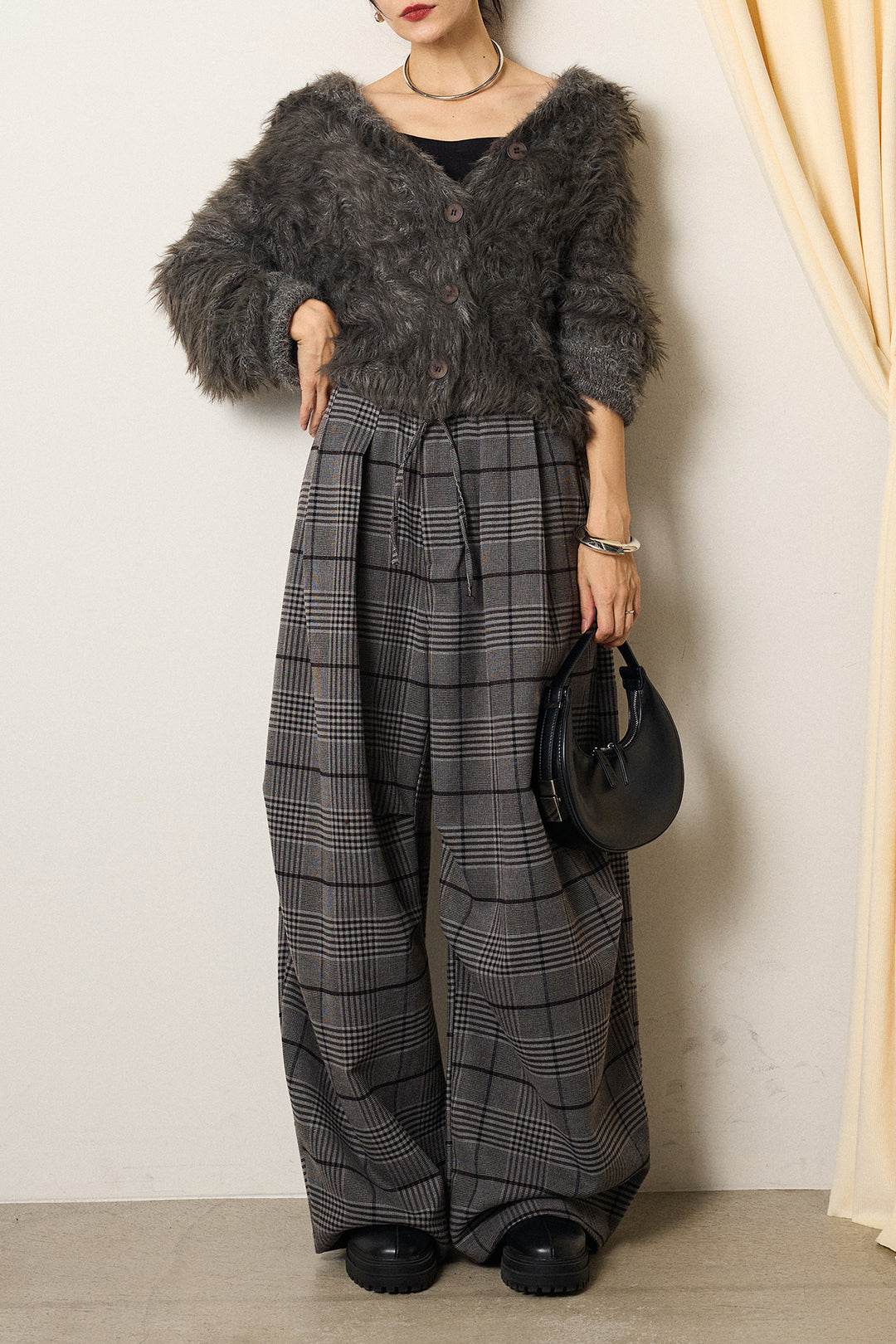 [SET]襟付きシャギーニットカーディガン+グレンチェックルーズタックパンツ(2set)