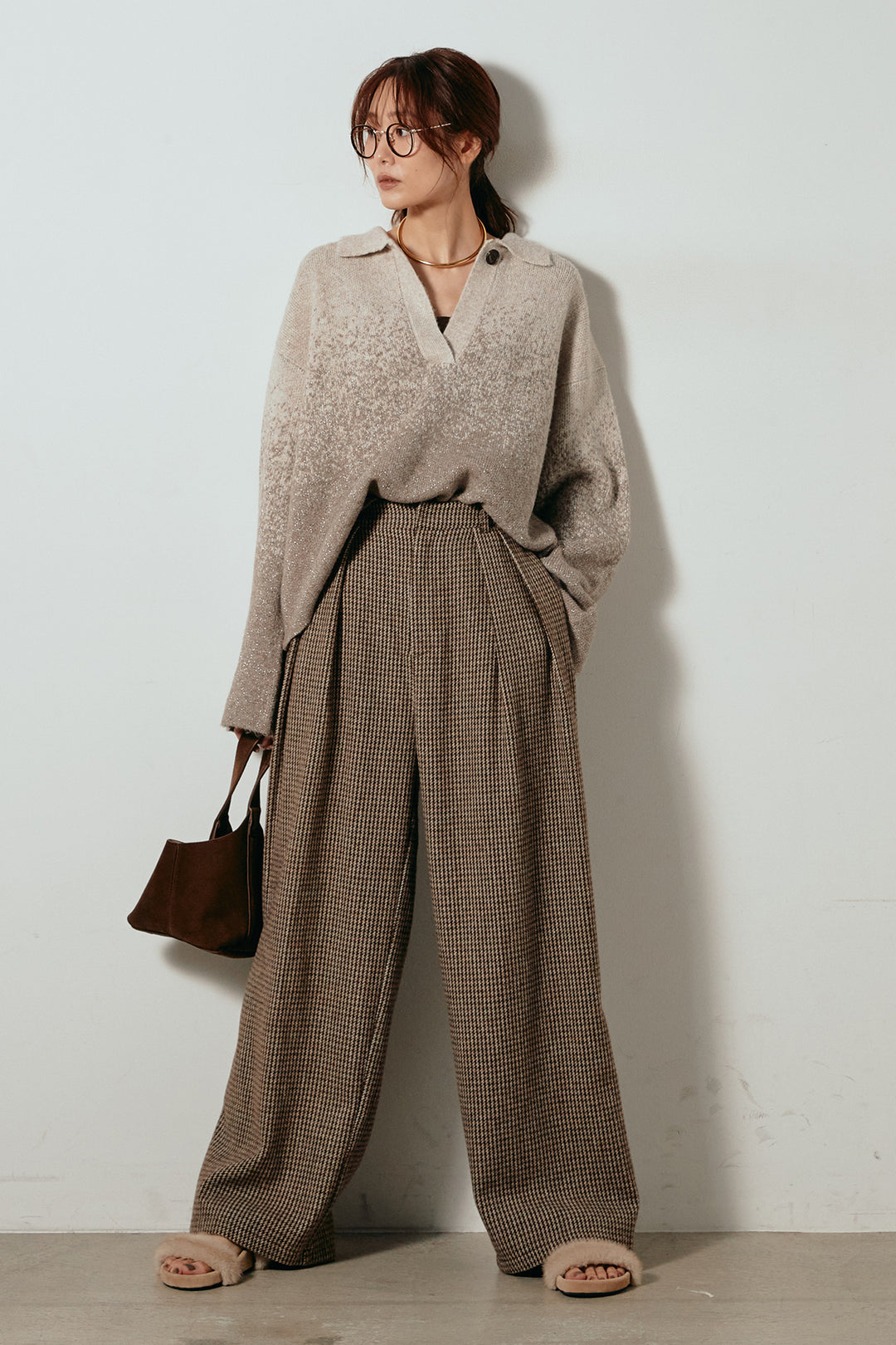 [SET]グラデーションラメニットキーネックプルオーバー+ガンクラブチェックタックパンツ(2set)