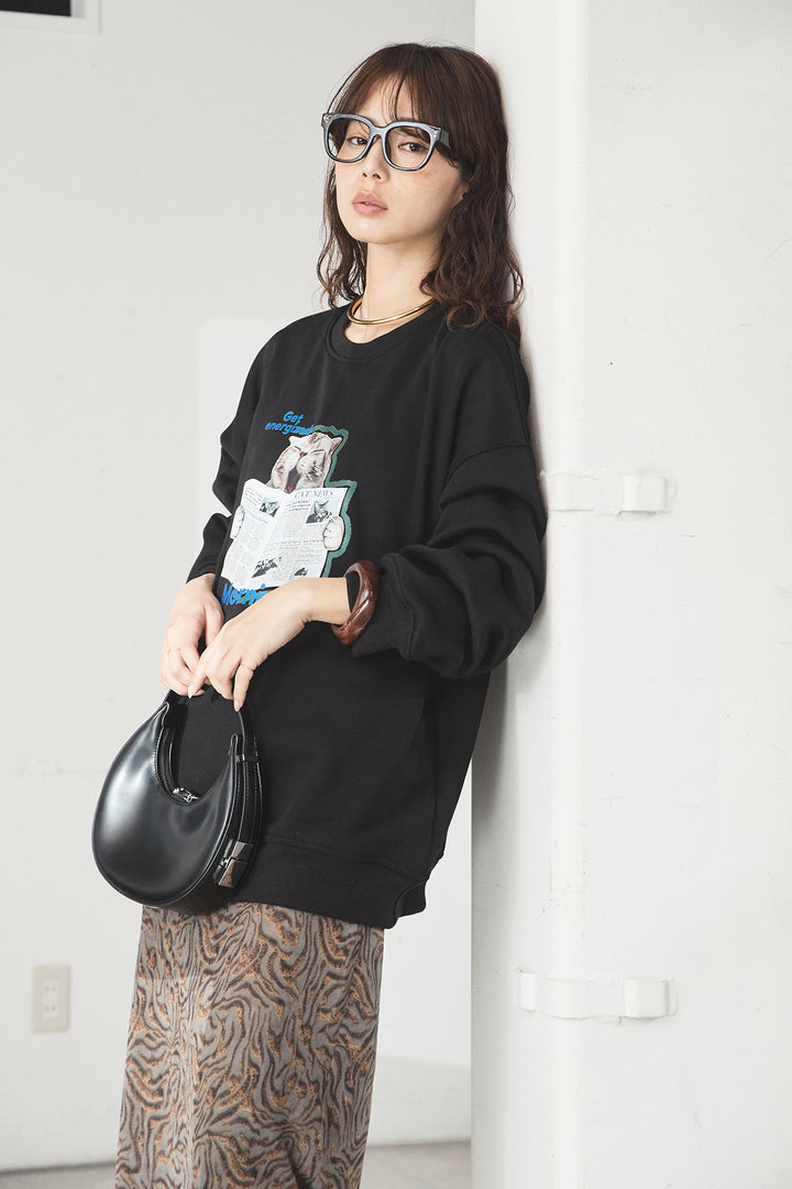 [SET]裏起毛モーニングキャットプリントスウェット+抽象柄ロングスカート(2set)