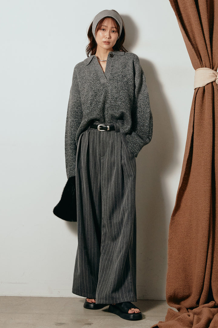 [SET]グラデーションラメニットキーネックプルオーバー+ストライプヘリンボーンパンツ(2set)