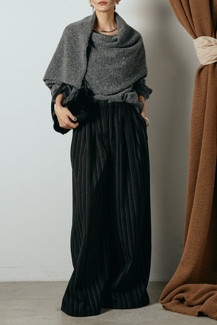 [SET]ネック巻きデザインニットトップス+タック入りマルチストライプ柄ワイドパンツ(2set)