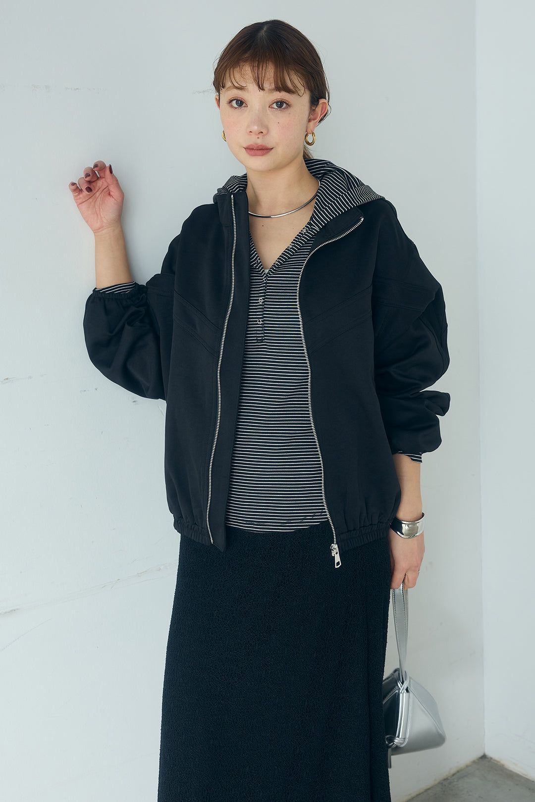 [SET]マルチ切り替えドルマンブルゾン+メッシュ刺繍ロングスカート+ボーダーフーディーロンT(3set)