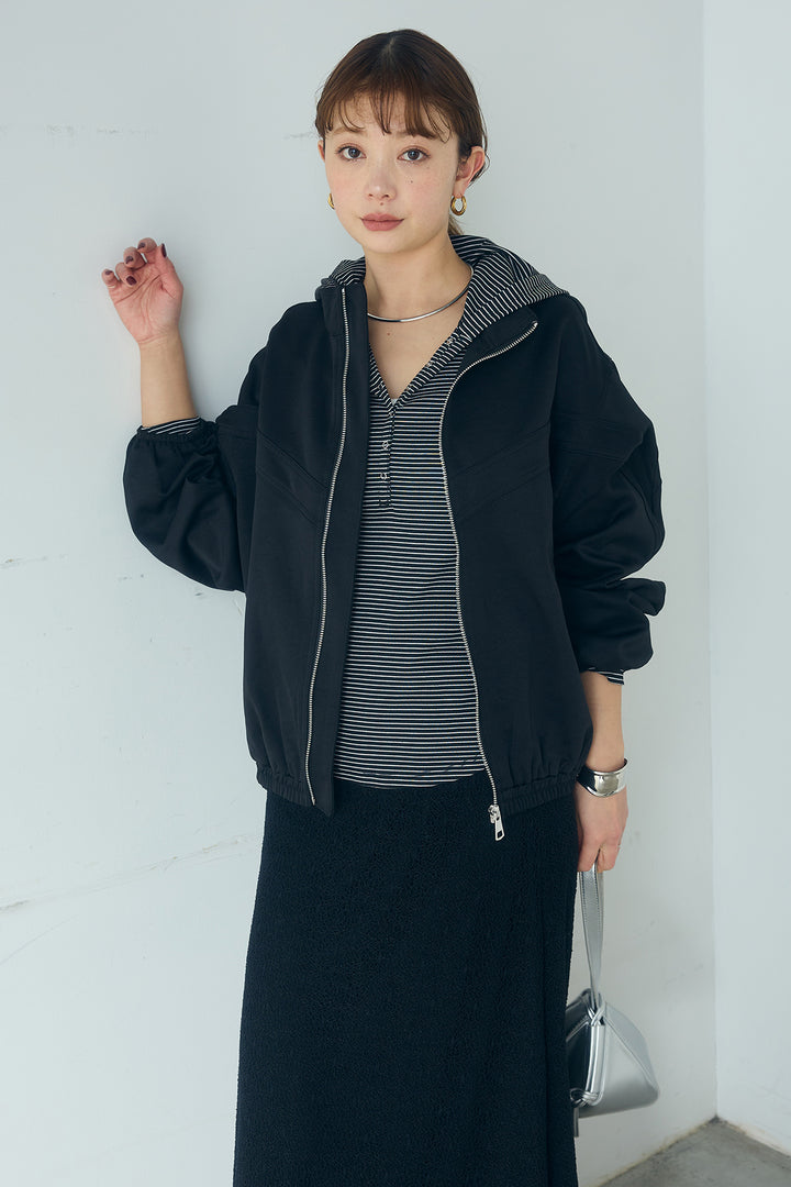 [SET]マルチ切り替えドルマンブルゾン+メッシュ刺繍ロングスカート+ボーダーフーディーロンT(3set)