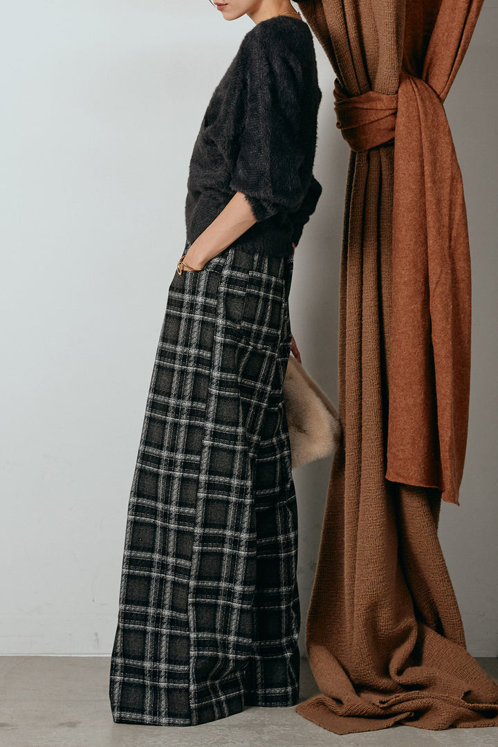 [SET]シャギーカシュクールニットトップス+ルーズタータンチェックワイドパンツ(2set)