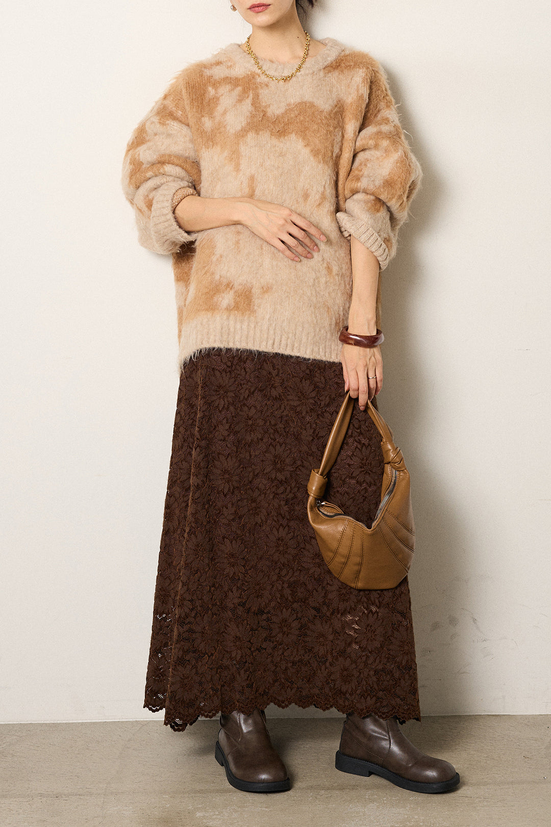 [SET]モヘアタッチマーブルニット+花柄刺繍ベロアフレアスカート(2set)