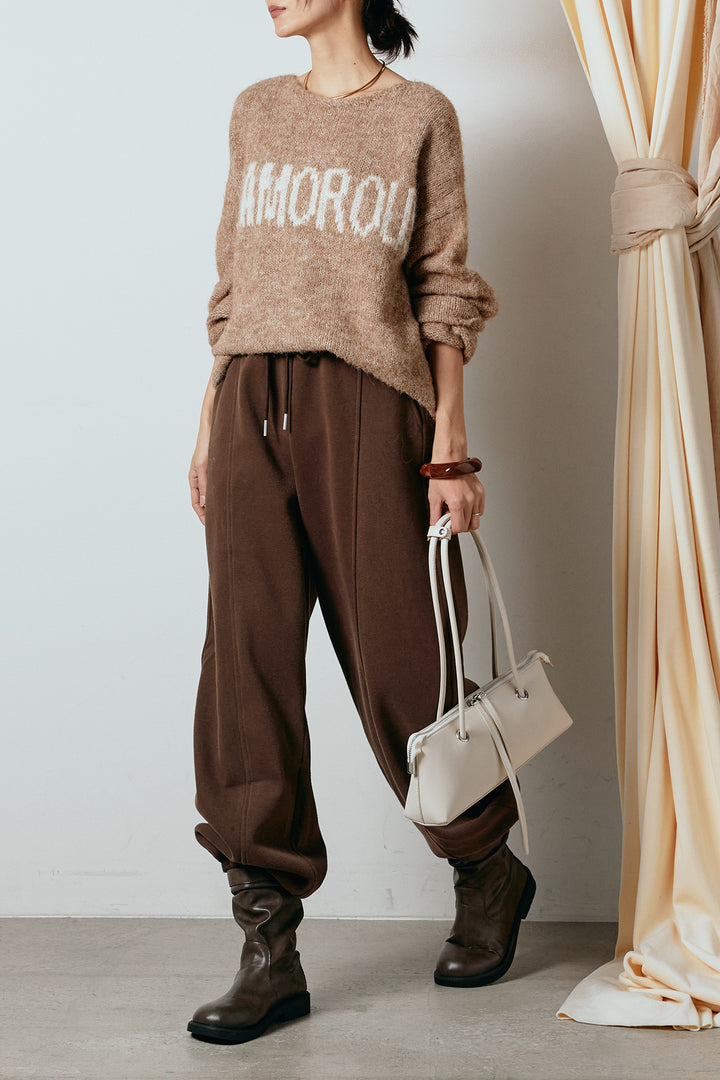 [SET]フロントロゴデザインニットトップス+スウェットワイドカーブパンツ(2set)