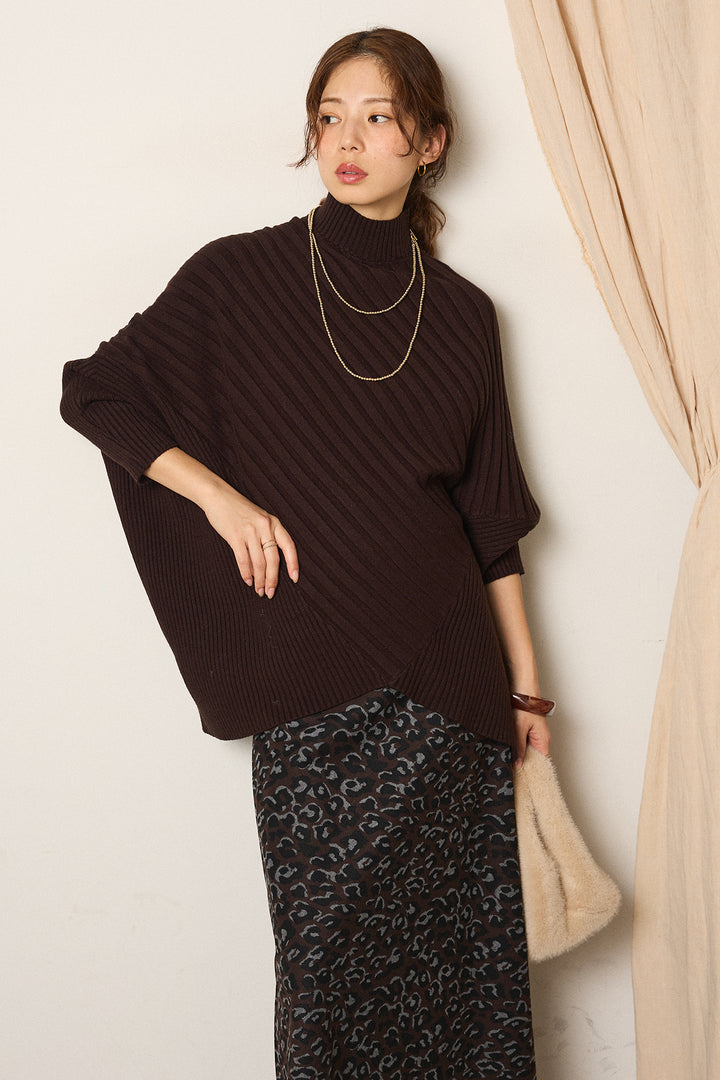 [SET]アシメデザインリブポンチョニットトップス+レオパードロングスカート(2set)