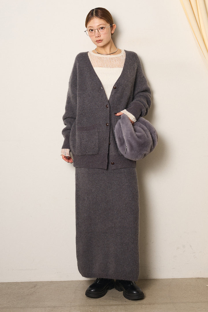 [SET]丸ボタン起毛ニットカーディガン+起毛ニットロングスカート(2set)