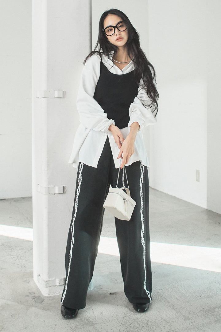 [SET]ニットキャミ付きシャツ+刺繡テープラインパンツ(2set)