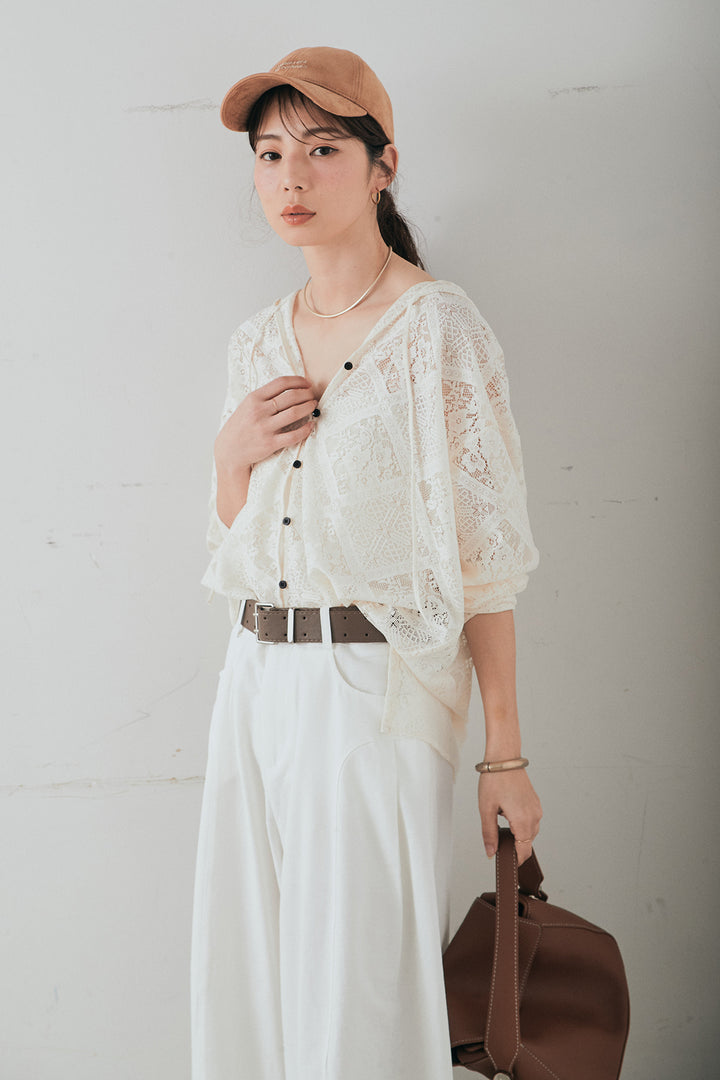 [SET]ブロックレースフード付きブラウス+ベルト付きサイドタックワイドパンツ(2set)