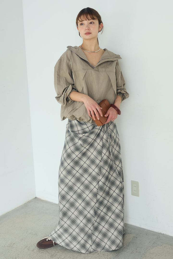 [SET]ナイロンフーディーブルゾンアウター+タータンチェック柄フロントデザインスカート(2set)