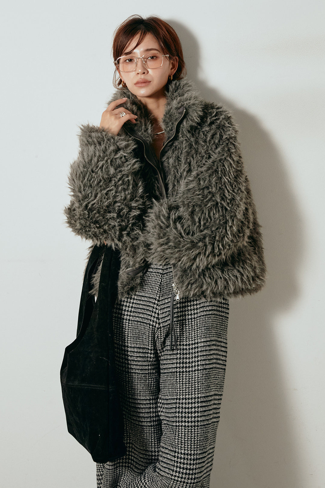 [SET]ミックスシープファースタンドブルゾン+前後2wayグレンチェック柄スカーチョサロペット(2set)