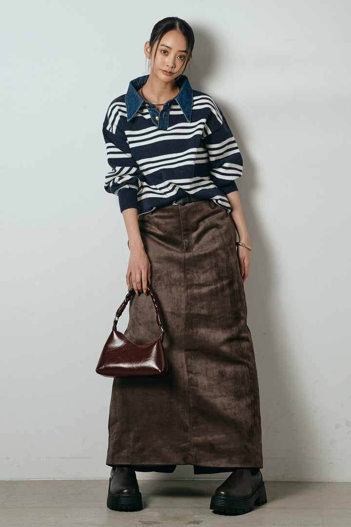 [SET]デニムレイヤード風ランダムボーダーニットプルオーバー+エコスウェードワイドスカート(2set)