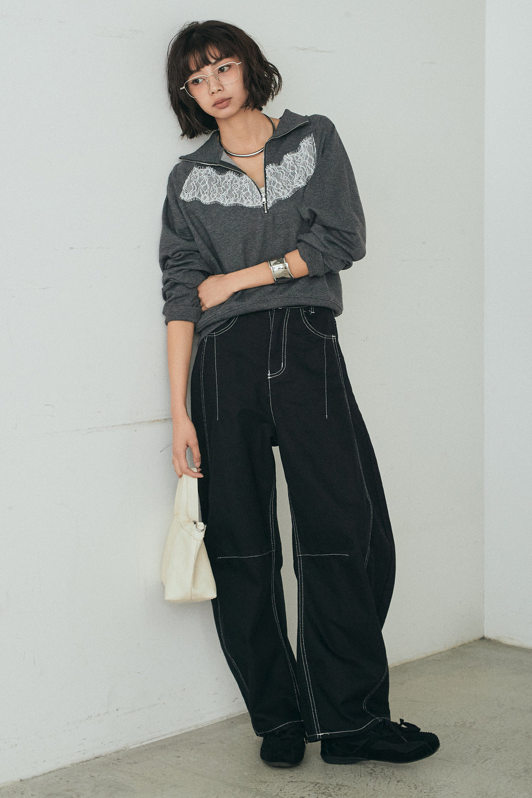 [SET]リバーレースハーフジップ裏毛スウェット+ツイル配色ステッチバレルパンツ(2set)