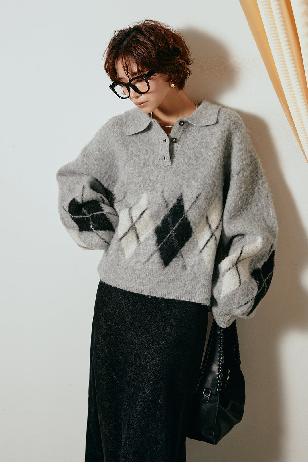 [SET]アーガイル柄ポロニットトップス+スウェードライクロングスカート(2set)