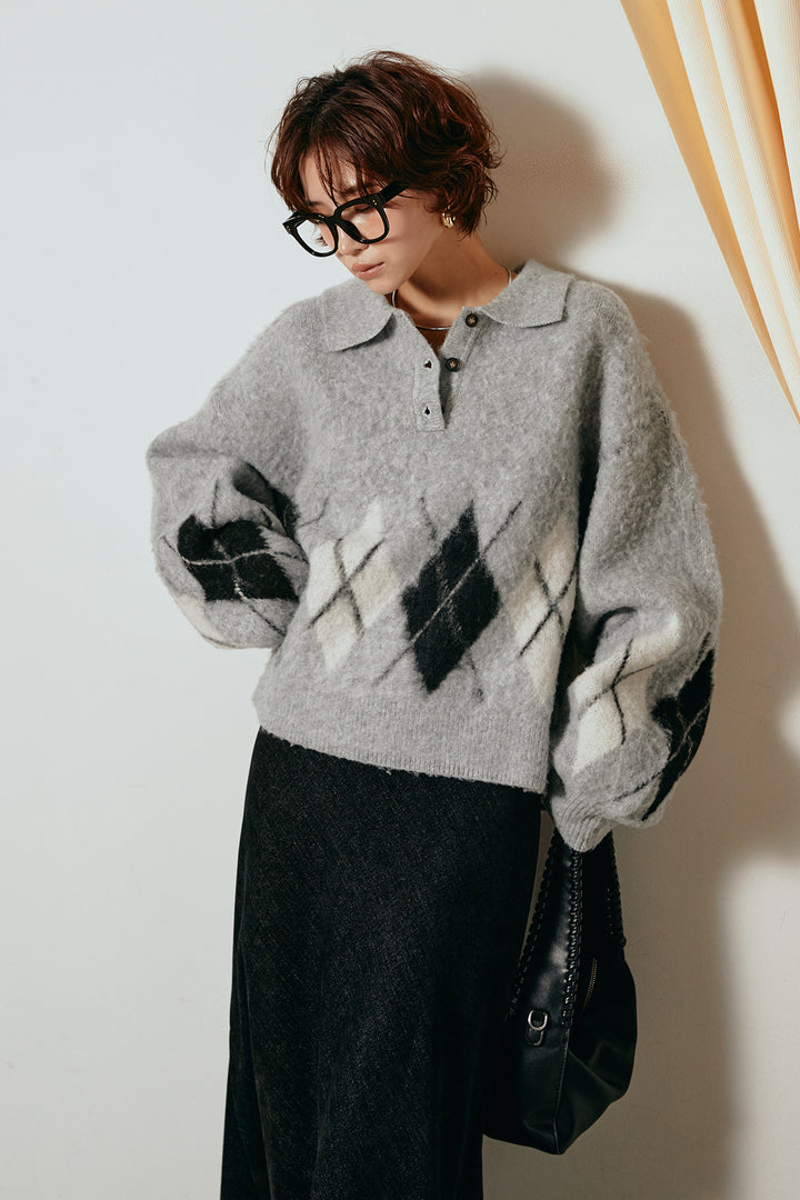 [SET]アーガイル柄ポロニットトップス+スウェードライクロングスカート(2set)