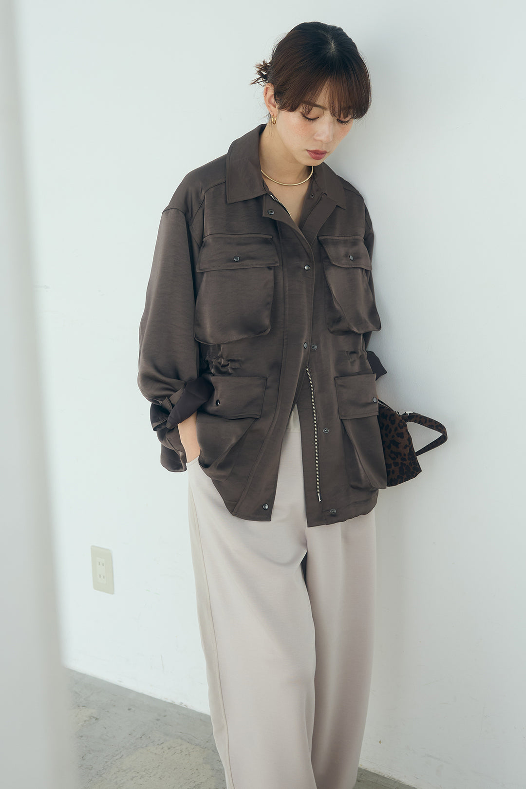 [SET]サテンライトブルゾン+異素材切り替えスウェットパンツ(2set)