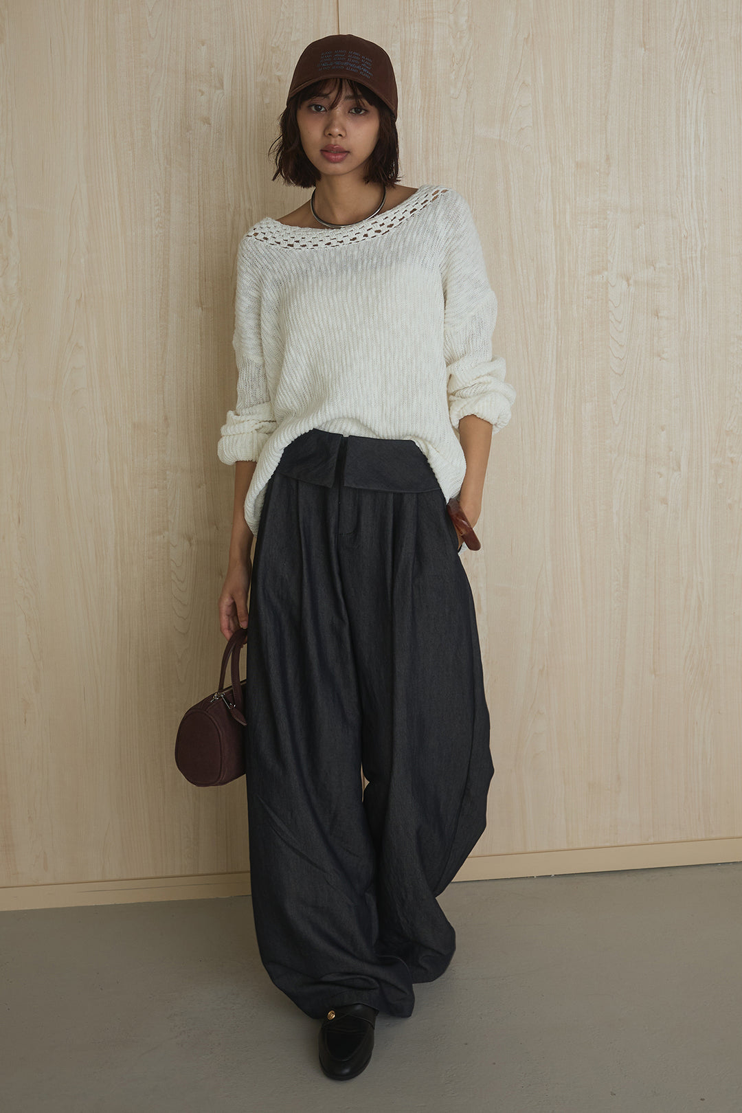 [SET]ネック編みデザインニットトップス+ウエスト折り返しワイドパンツ(2set)