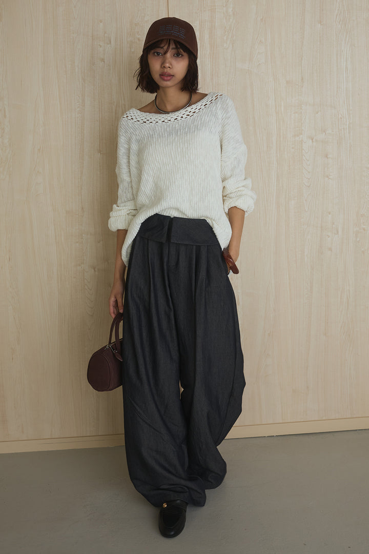 [SET]ネック編みデザインニットトップス+ウエスト折り返しワイドパンツ(2set)