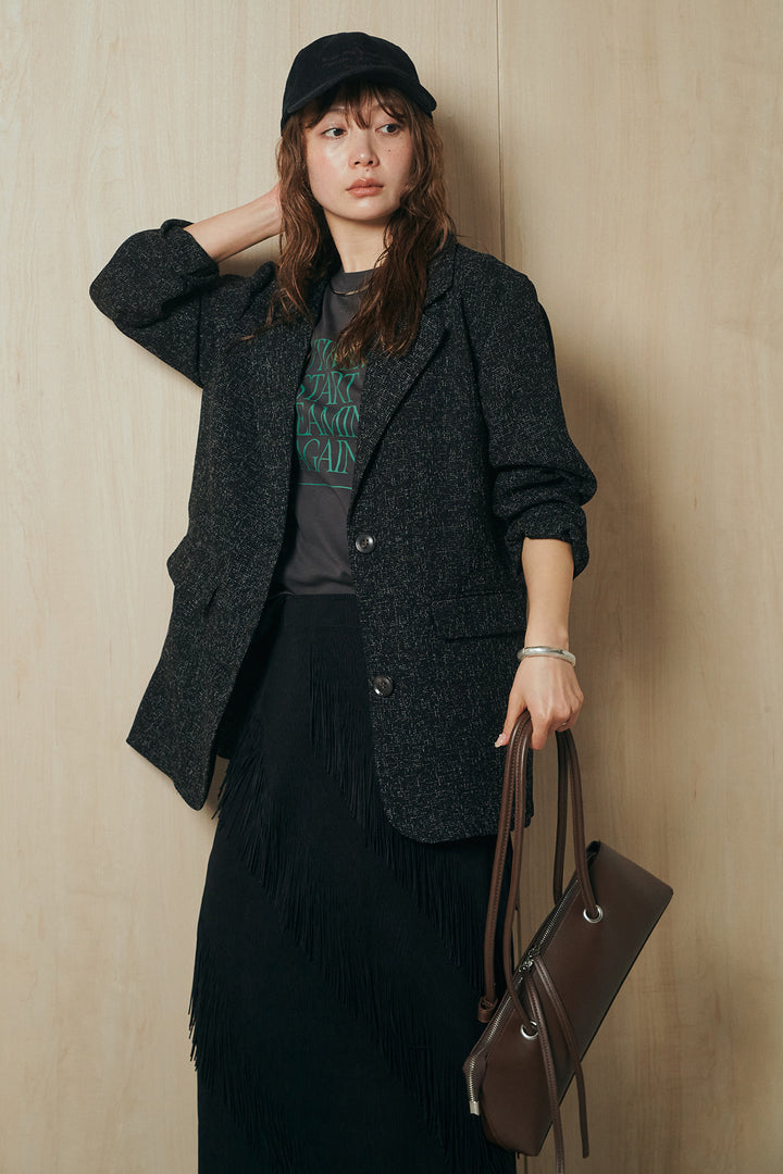 [SET]ミックスツイードベルト付きジャケット+斜めフリンジデザインスカート(2set)