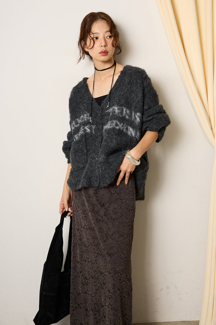 [SET]ウール混透かしロゴニットカーディガン+花柄刺繍ベロアフレアスカート(2set)