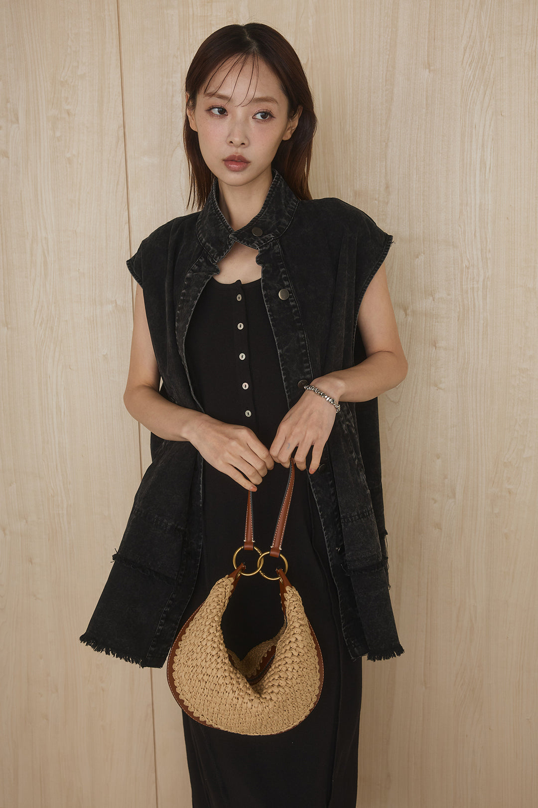 [SET]ケミカルデニムヘムカットオフジレ+ノースリロングワンピース(2set)