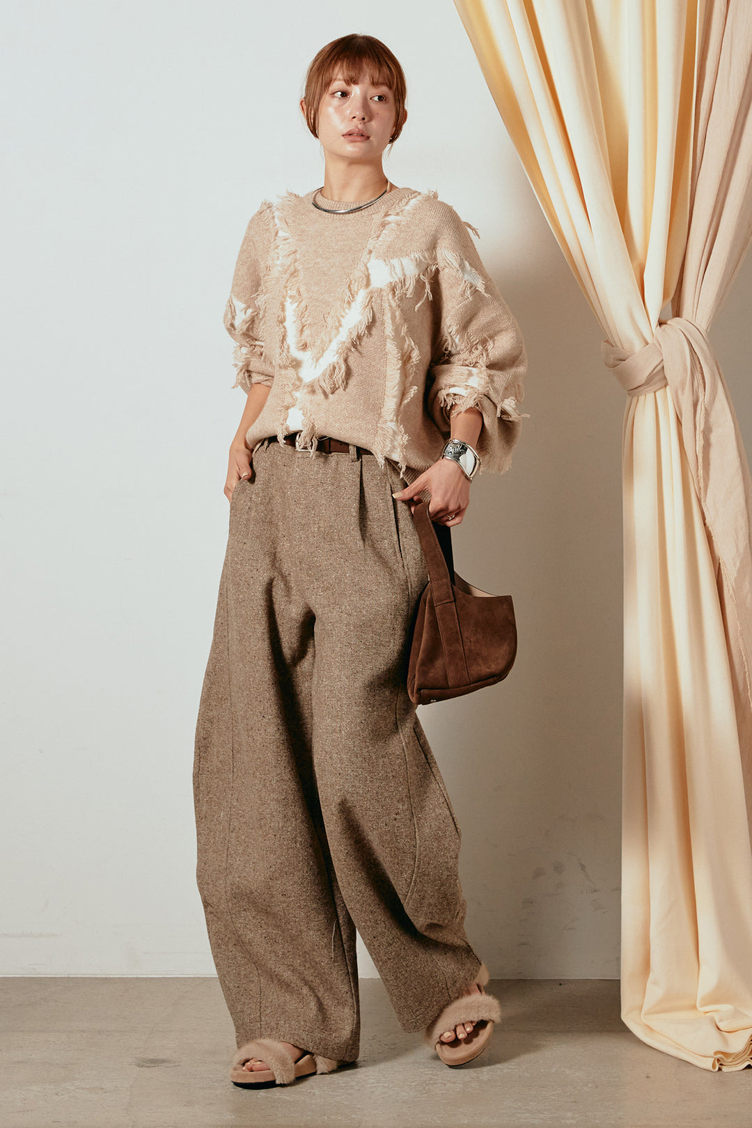[SET]シャギージャガードニットトップス+ベルト付きネップツイードカーブパンツ(2set)