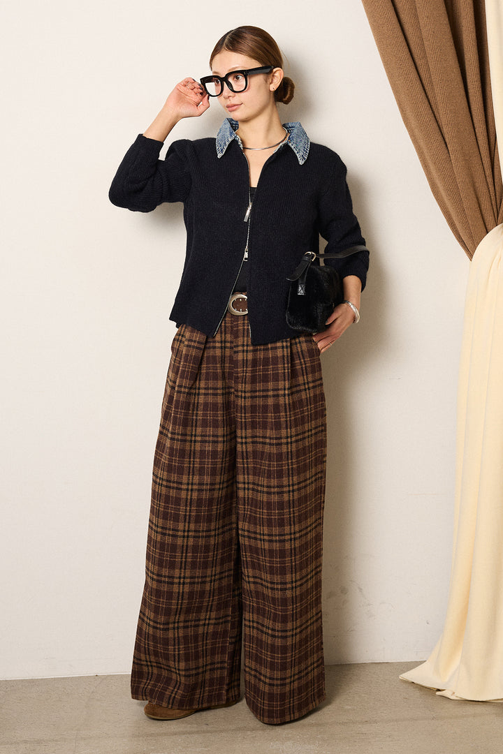 [SET]デニム襟ダブルジップニットトップス+スタッズデザインベルトタータンチェックパンツ(2set)