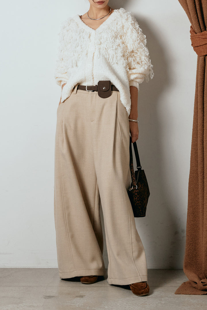 [SET]ループ編みVネックニットカーディガン+ポーチベルト付きカーブパンツ(2set)