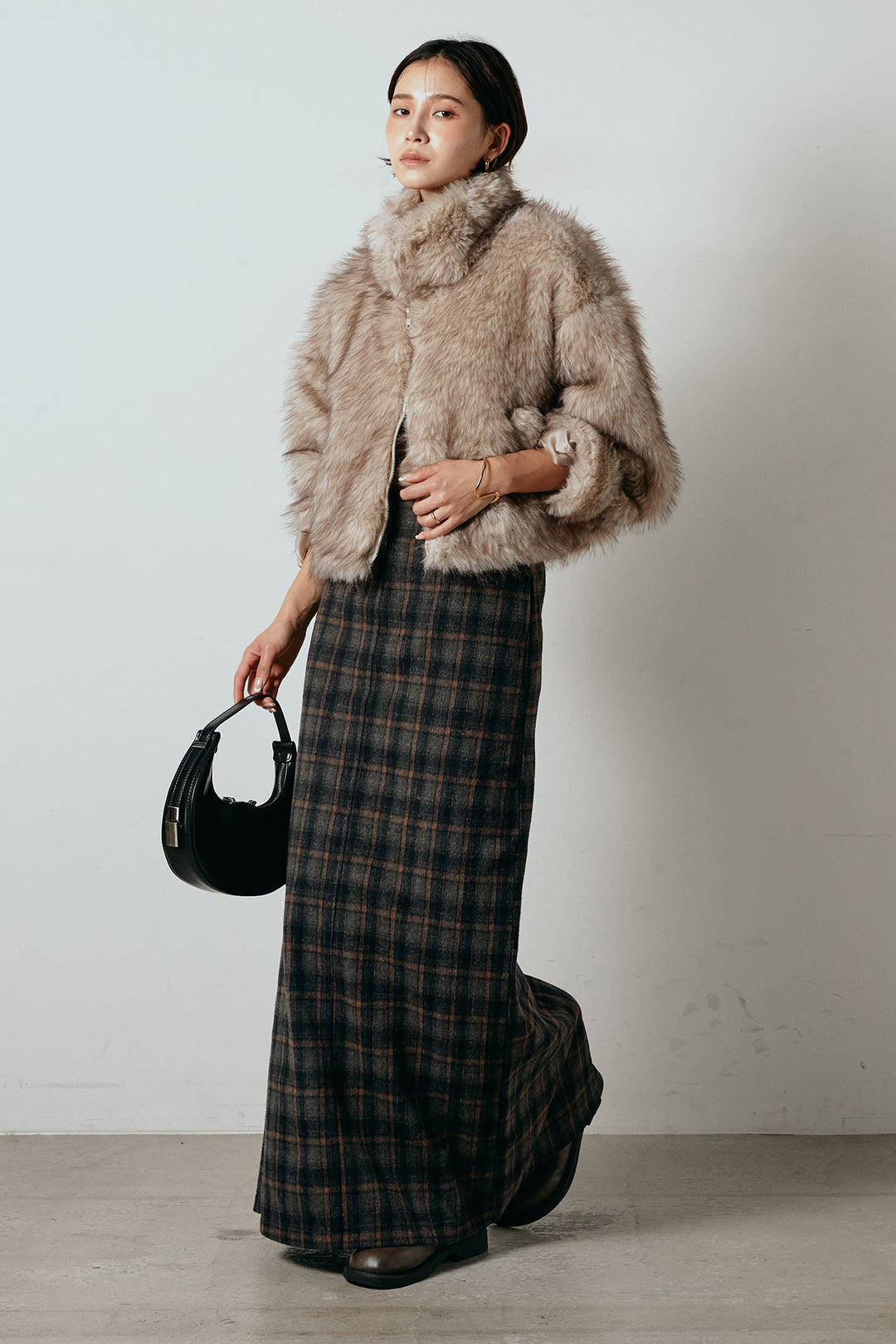 [SET]エコファーショート丈ブルゾン+シャギーチェックストレートスカート(2set)